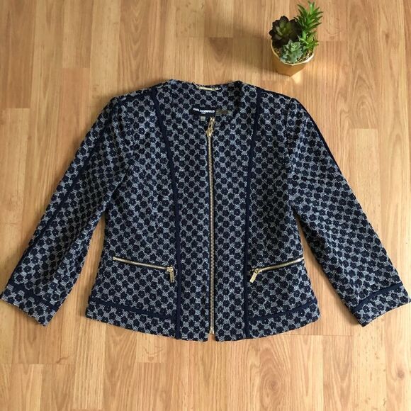 KARL LAGERFELD HONEYCOMB BLACK GREY ZIP CROPPED BLAZER JACKET - Picture 3 of 10